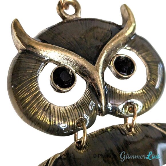 Articulated Enameled Owl Long Antiqued Gold Tone Chain Necklace - Picture 8 of 14